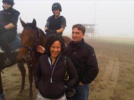 Chris and Jane Barham at Flemington trackwork with their Fasnet Rock x Legally Bay filly